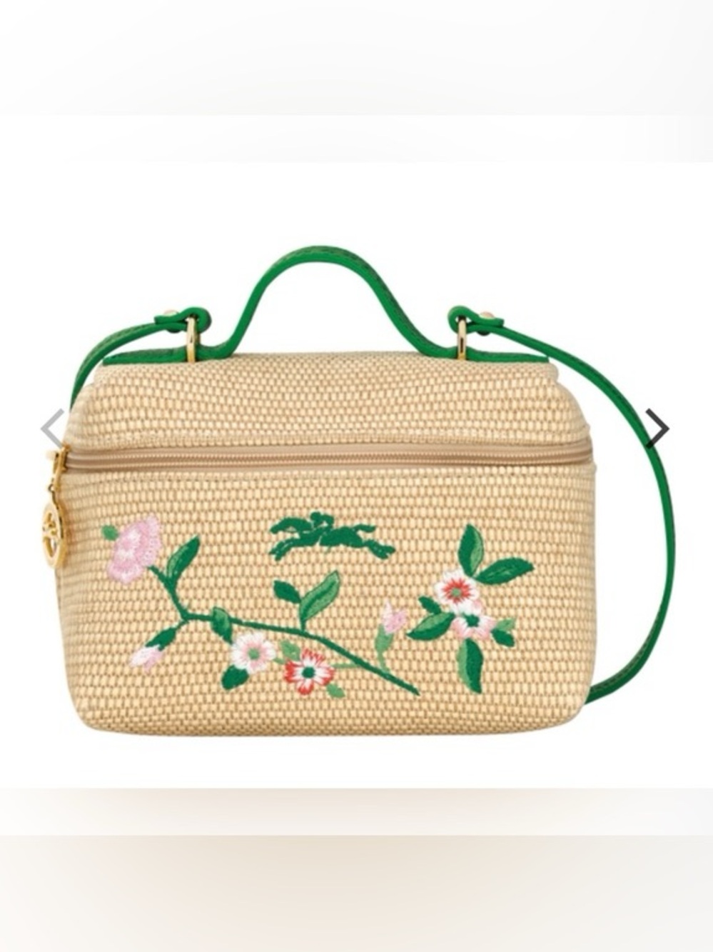 Longchamp Le Panier Pliage Crossbody Green Trim and Floral Embroidery
